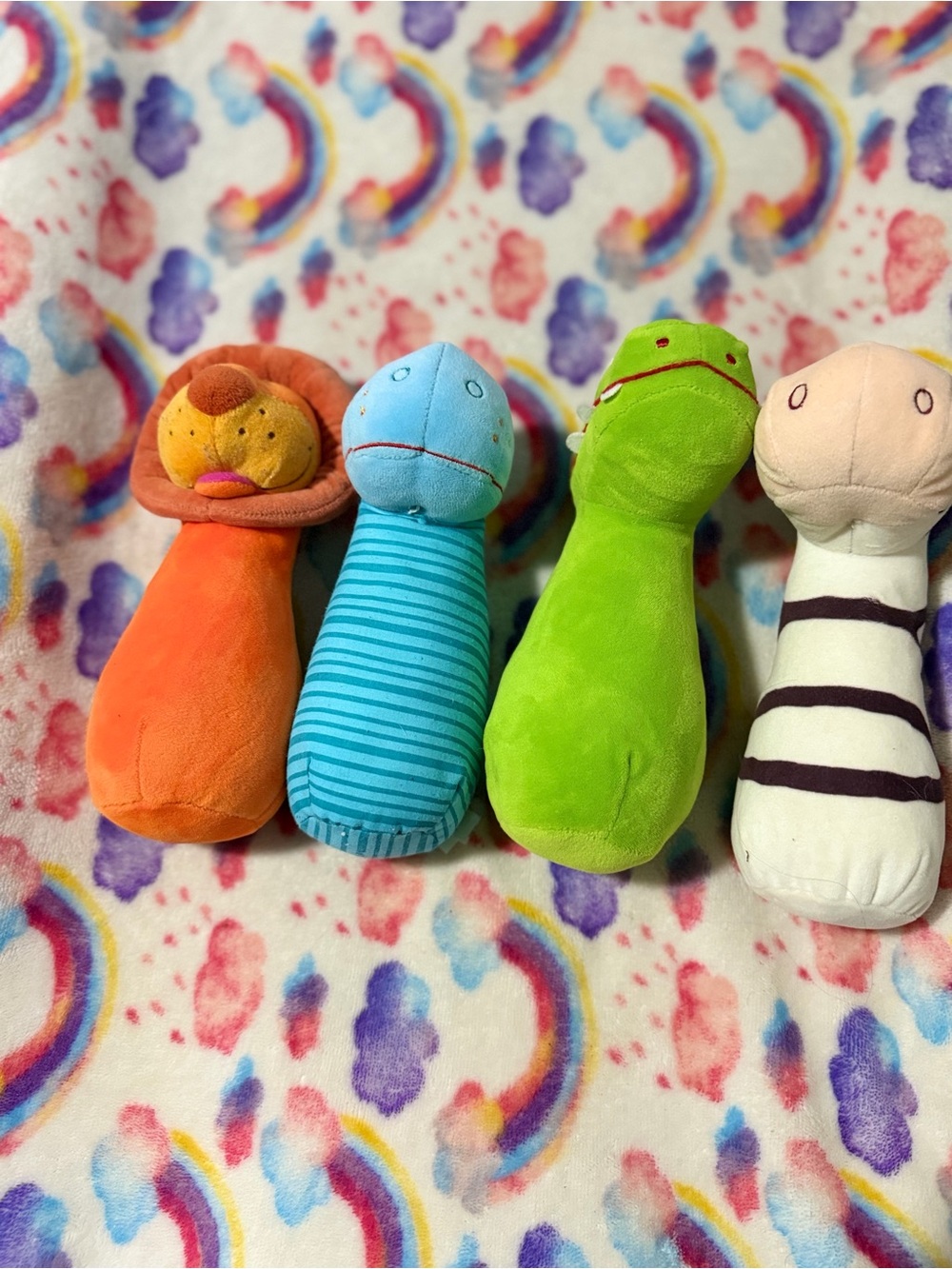 Plush Animal Rattle Set - Orange Lion, Blue Stripes, Green Frog, Cream Zebra